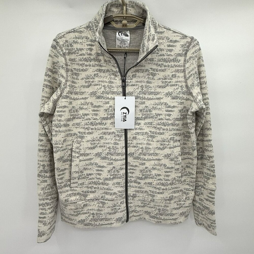 Zyia Active Jacket Women Cream Gray Geometric Full Zip Long Sleeve Size Small